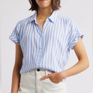 BEACHLUNCHLOUNGE Daria Stripe Short Sleeve Button-Up Shirt Blue Sz L